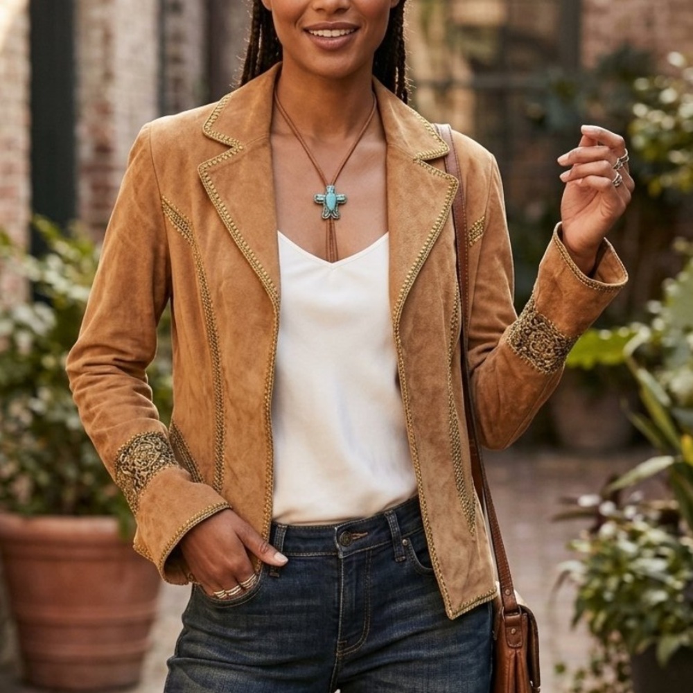 Vintage Lillie Rubin Tan Ultra Suede Jacket with Crochet Accents - M